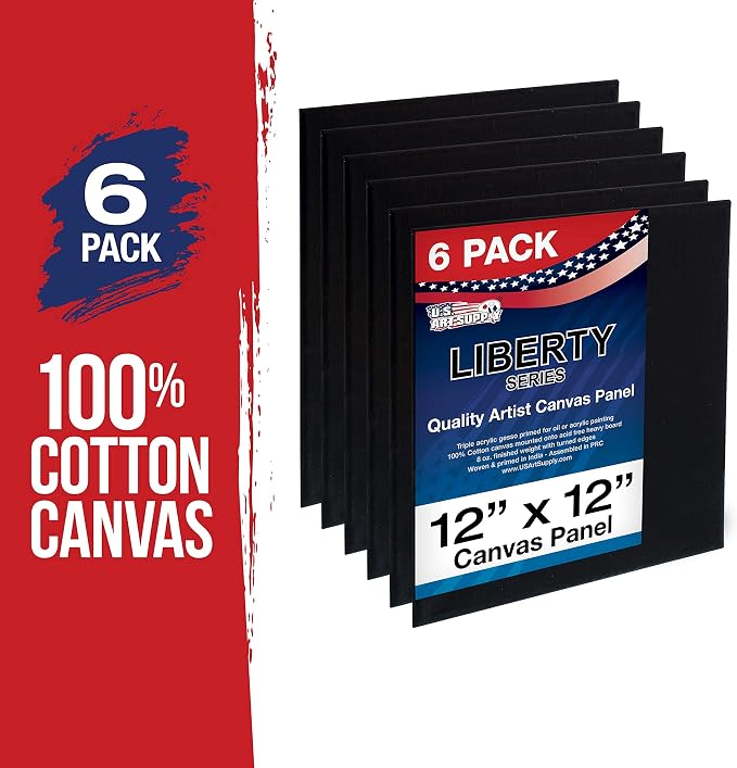 U.S. Art Supply 12 X 12 Inch Black Art Canvas Board Panels 6 Pack - 8 Ounce