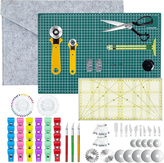 Rotary Cutter Set for Sewing & Quilting, 28mm & 45mm Fabric Cutters with Extra Blades, Foldable A3 Cutting Mat, Scissors, Rulers & Craft Tools Kit for Fabric Cutting, Patchwork, DIY Crafts