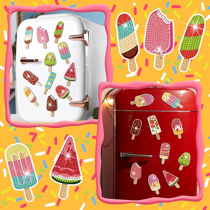 Remuuly 30 Pcs Ice Cream Diamond Painting Magnets Diamond Art Kit for Adult | Summer Refrigerator Magnets, Ice Cream 5D Rhinestone Fridge Magnetic Sticker, Small Diamond Club Gifts, Beginner DIY Crafts