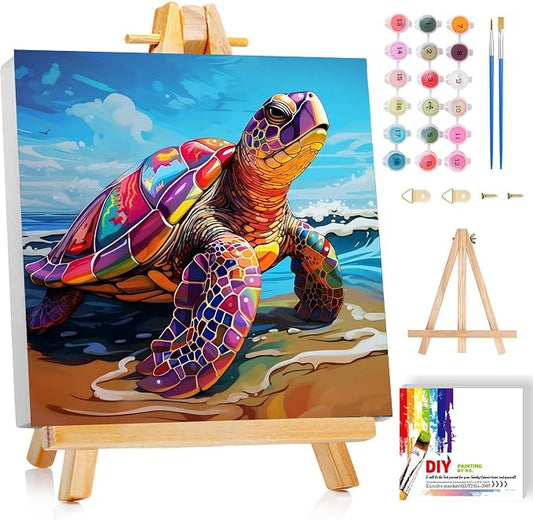 ajepon Sea Turtle Paint by Numbers Kit for Kids with Frame - Cute Turtle Paint by Number for Kids, Kid Painting by Number Kits Age 8-12 for Home Wall Decor 8X8inch (with Wooden Easel)