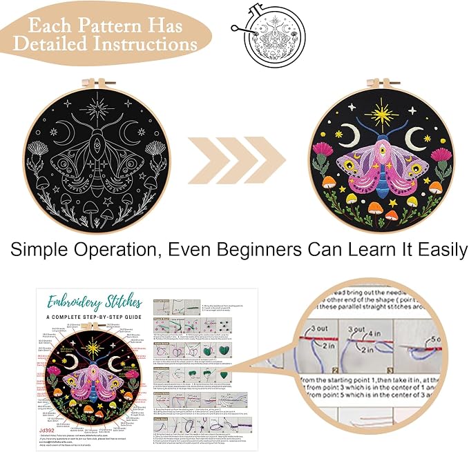 Nuberlic 3 Pack Embroidery Kit for Beginners, Moth and Bee Patterns