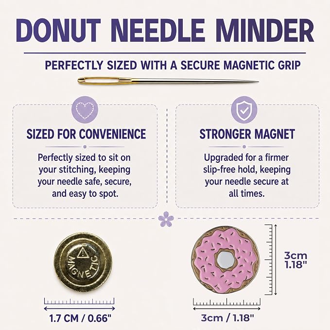 The Quilted Bear Magnetic Needle Minder, Donut | Enamel Needle Keeper for Embroidery & Cross Stitch, Secure Holder for Sewing Needles & Pins, Strong Magnet, Sewing Accessory
