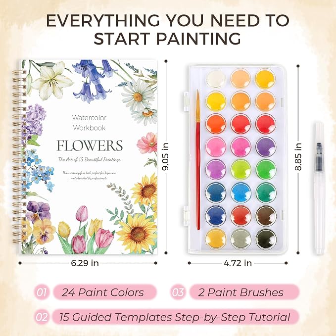 SKYDUE Watercolor Workbook for Beginners with 24 Paint Colors | 15 Floral & Botanical Painting, Step-by-Step Watercolor Book for Adults & Teen, Thick Watercolor Paper, Easy Relaxing Art Kit