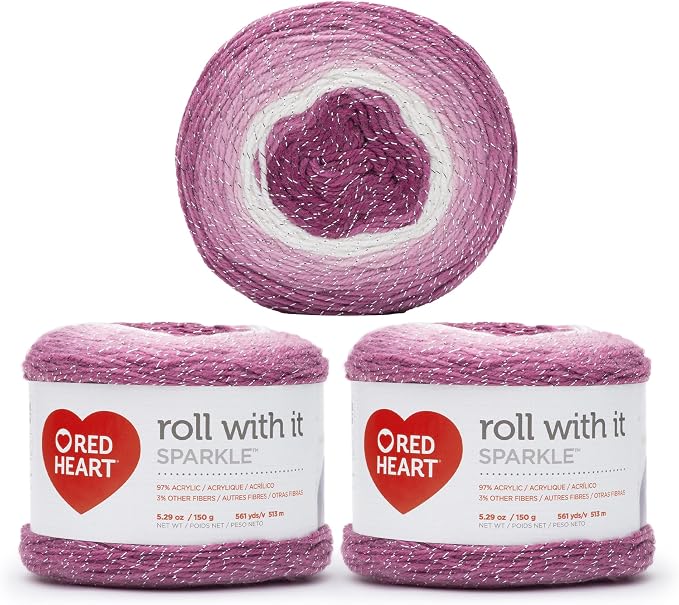 Red Heart Roll with It Sparkle Yarn for Crocheting, Pixie, 3-Pack