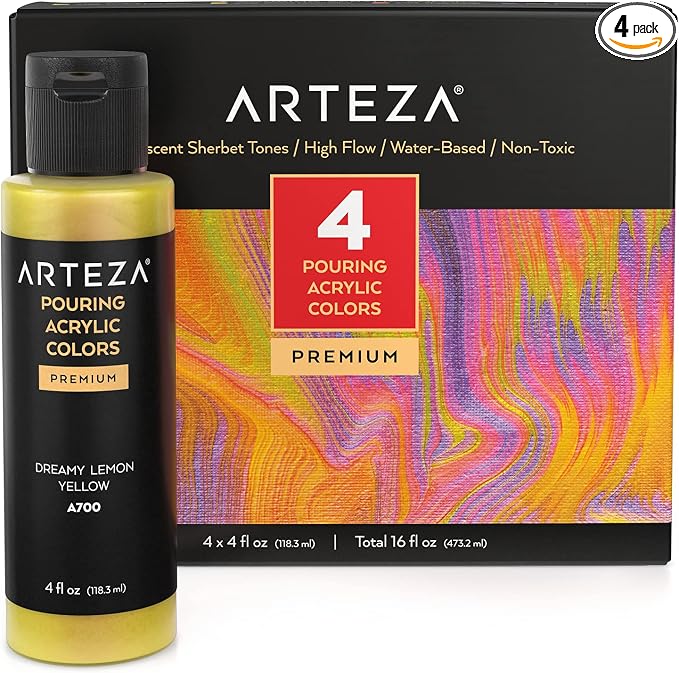 ARTEZA Iridescent Metallic Acrylic Paint, Set of 4, Sherbet Tones, 4 fl oz, High-Flow Paint for Canvas, Glass, Wood, Ceramics