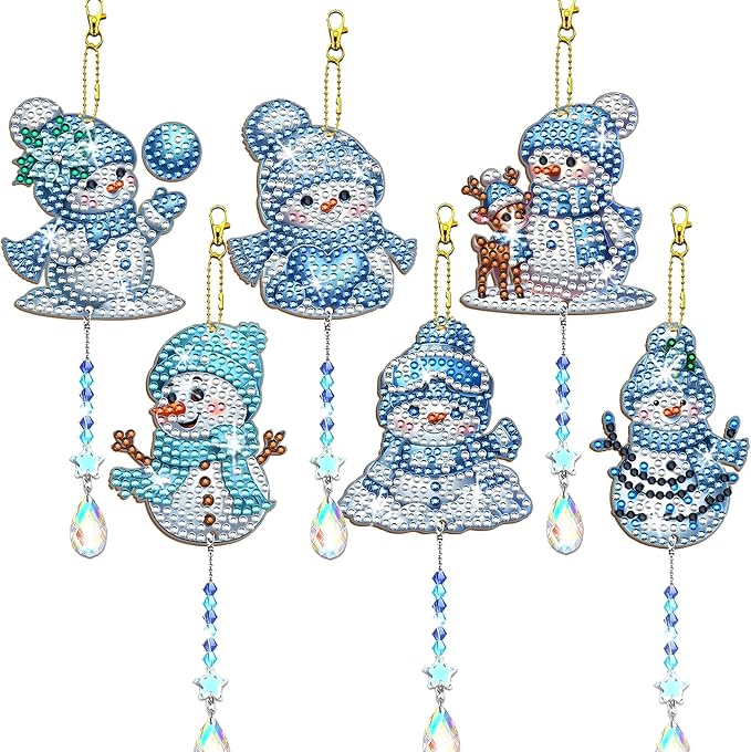 JeCuiK 6 Pcs Christmas Diamond Art Cute Snowman Diamond Art Kits for Adults Diamond Painting Wind Chimes Suncatcher Double Sided DIY Diamond Painting Kits Christmas Ornament