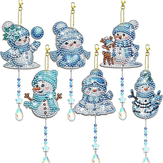 JeCuiK 6 Pcs Christmas Diamond Art Cute Snowman Diamond Art Kits for Adults Diamond Painting Wind Chimes Suncatcher Double Sided DIY Diamond Painting Kits Christmas Ornament