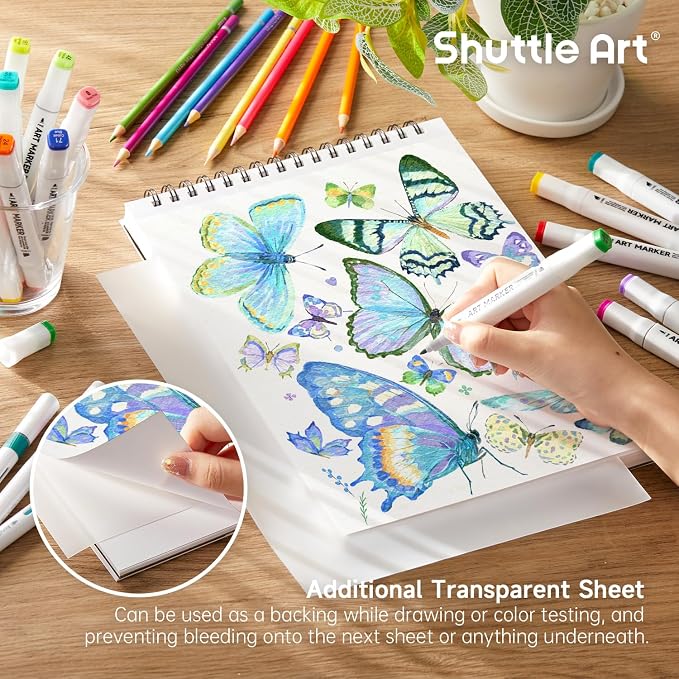 Shuttle Art Marker Pad, 70 Sheets, Spiral-Bound, 12”x9”, 110LB/180GSM Paper | Portable Sketchbook, Smooth Surface, Alcohol Markers Bleedproof Art Paper Great for Artists to Draw, Paint & Sketch