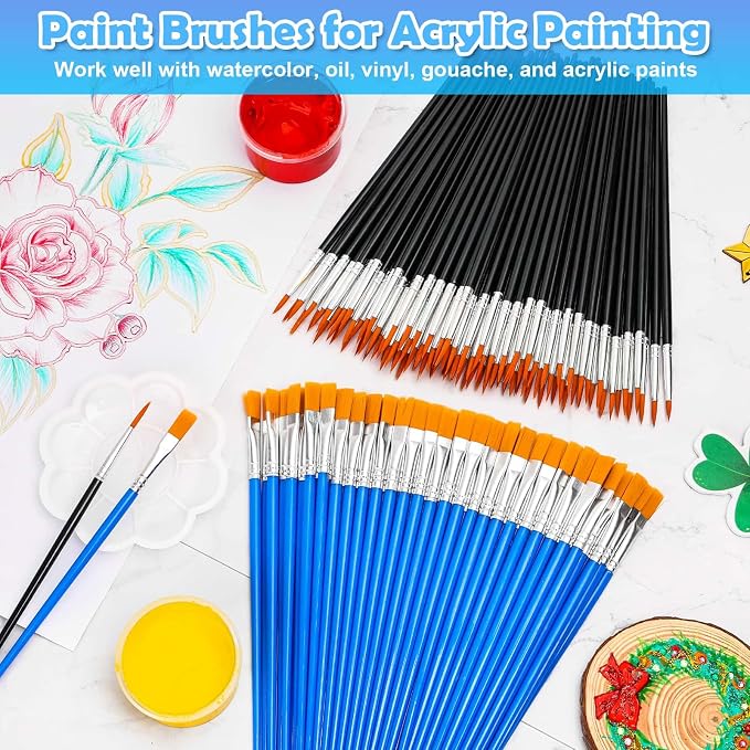 200 Pcs Small Paint Brushes Bulk, Anezus Detail Paint Brushes Fine Brushes with Flat and Round Tip Acrylic Brushes Set for Classroom Water Color Pumpkin Canvas Painting Touch Up