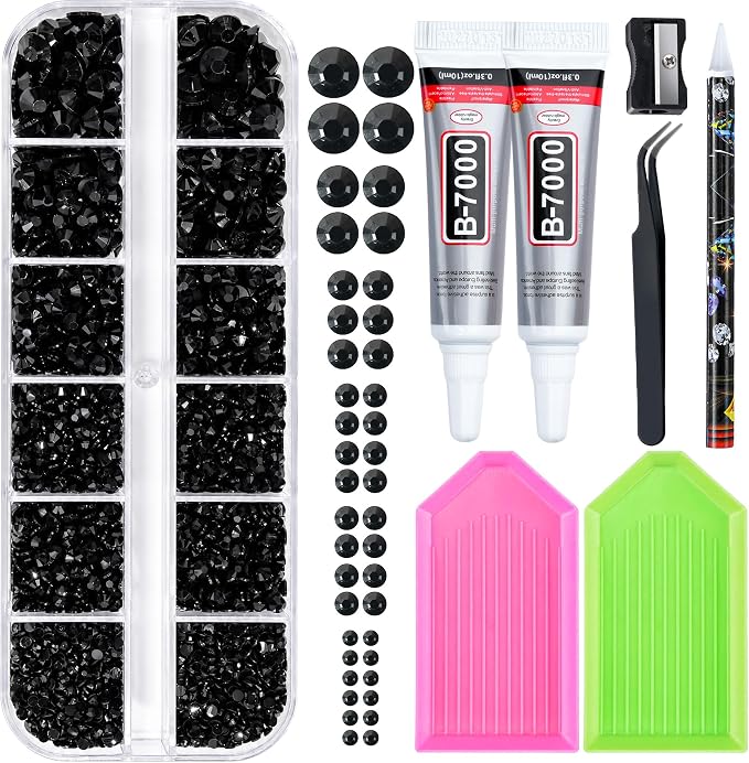 25000 Pcs Resin Jelly Rhinestones Kit, Black 2/3/4/5/6mm Flatback Rhinestones with 2 Pcs B7000 Jewelry Glue & Tools, All-in-One Bedazzling Kit for DIY Arts & Crafts Gifts
