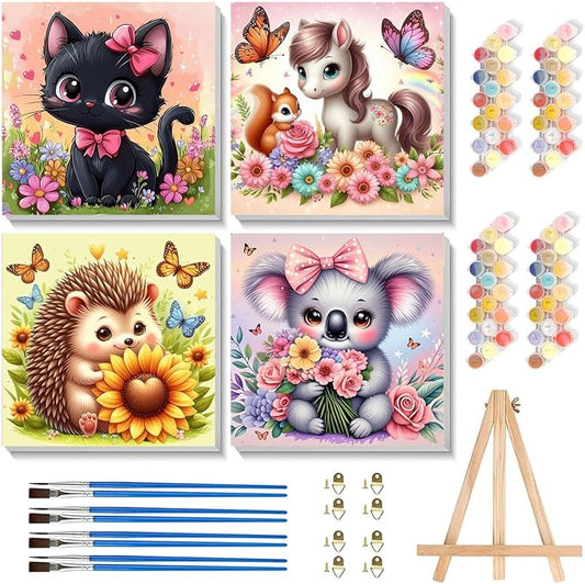 4 Pack Paint by Numbers Kit for Kids with Frame - Wooden Easel, Animal Paint by Numbers for Kids Ages 4 8 12, Easy Horse Cat Hedgehog Koala Acrylic Oil Painting Kits for Home Wall Decoration 8x8 inch