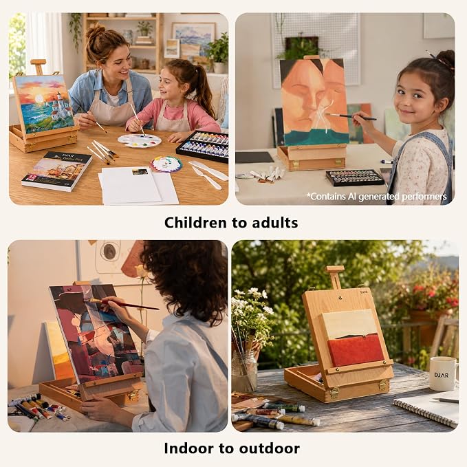 DJAR Tabletop Sketchbox Art Easel for Painting, Solid Beech Wood, Natural | Adjustable Desktop Art Stand with Storage Drawer, Portable Wooden Tool Box for Sketching, Drawing and Painting Supplies ﻿