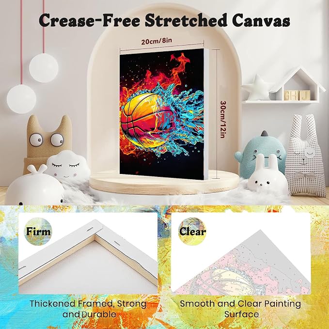 Ball Sports Paint by Numbers for Adults with Framed Canvas - Wooden Easel | 4 Pack Ball Sports Paint by Number for Beginners, Oil Painting Kits on Canvas with Brushes for Home Wall Decor (8x12 inch)