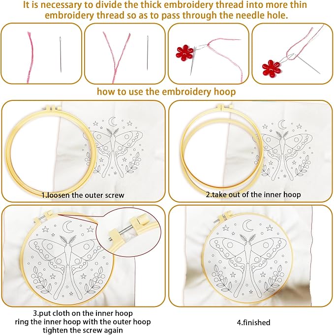 BEUNITONE 6 Set Moth Embroidery Kit for Adults Beginners, DIY Needlepoint Craft Kits with Instructions and Hoops, Complete Starter Set for Adults, Handmade Embroidery for Gifts and Home Decor 20x20cm