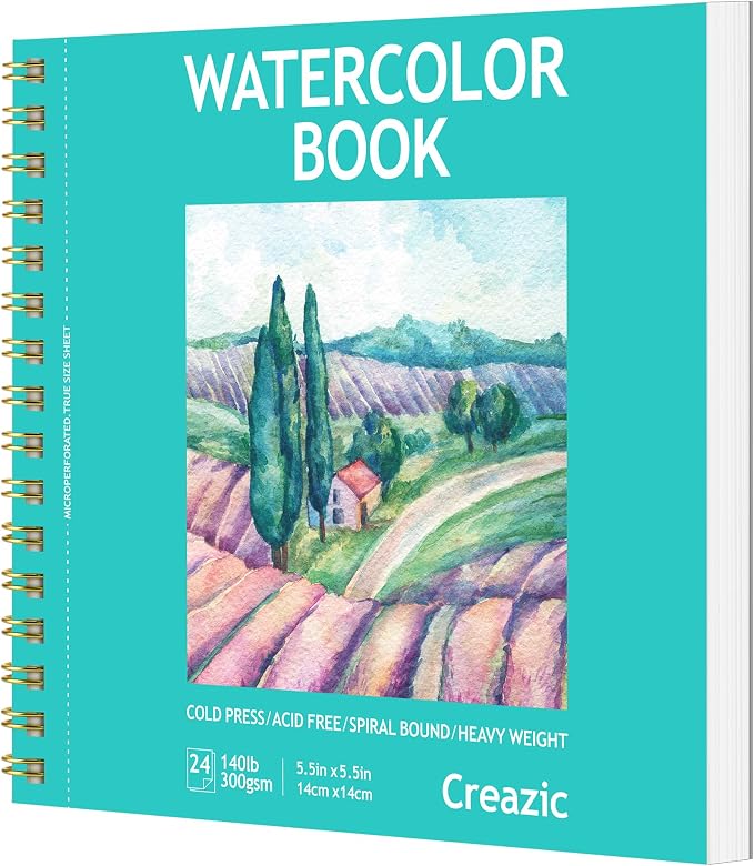 Creazic 5.5"x5.5" Square Watercolor Sketchbook (140lb/300g) - Artist-Grade Paper, Spiral Bound w/Tear Line. Compact Travel Notebook for Watercolor, Hand Lettering & Sketches - Ideal for Kids & Adults