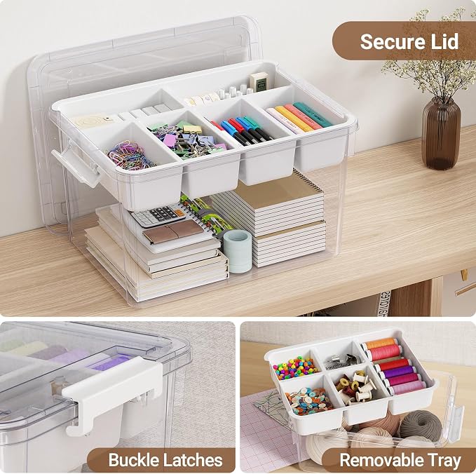 40Qt Stackable Storage Bin with Lid Tray Craft Box Organizer, 1Pack,WH