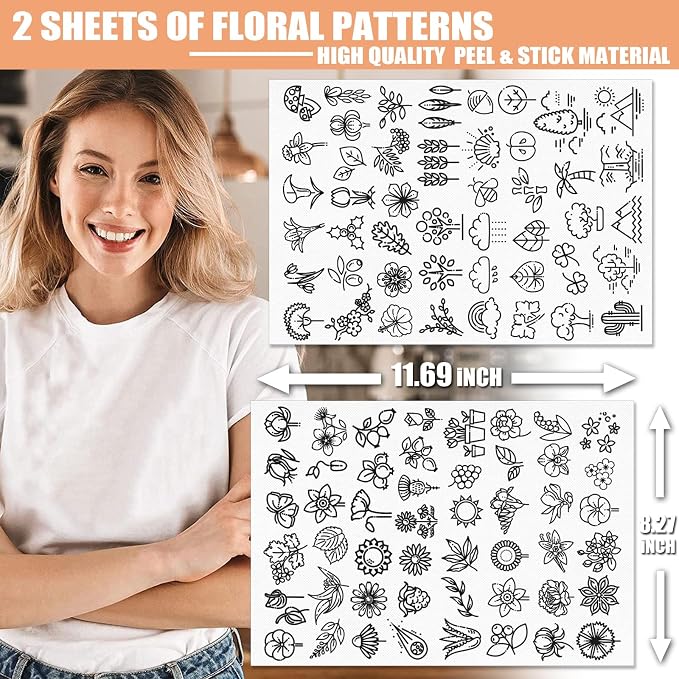 Patemby Embroidery Pattern Water Soluble Embroidery Stabilizers, Stick and Stitch Embroidery Paper Wash Away with Pre-Printed Pattern Designs Stencils Transfers for Hand Sewing Lover Beginner