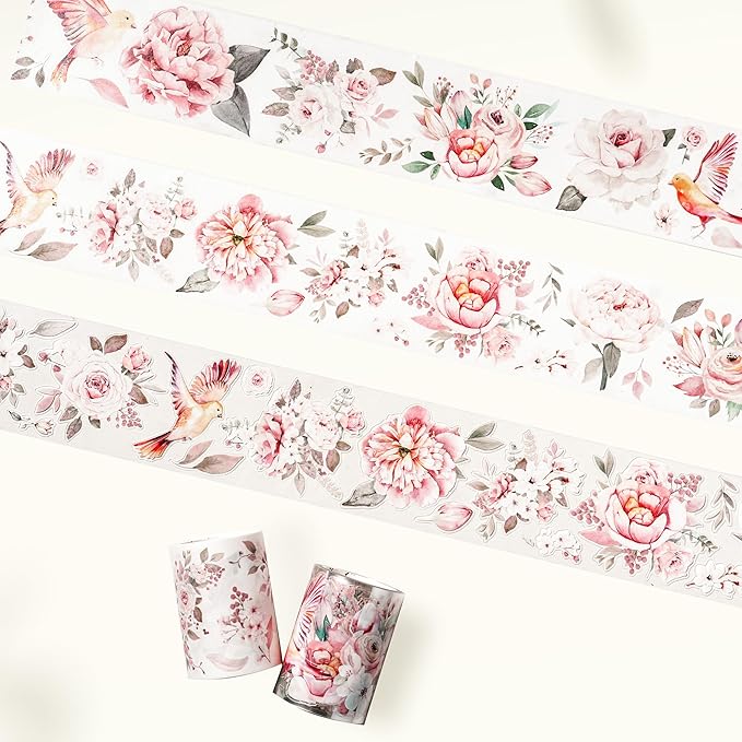 WT Pre-Cut Pink Velvet Wide PET Tape, Single Roll, Original Designs, Transparent Floral Adhesive, Durable Decorative Clear Tape for Journaling, Scrapbook, Planner, DIY Crafts, Bujo Supplies, 60mm×5m