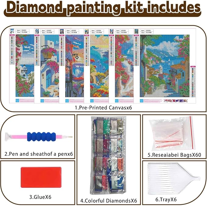 Ycydilirab 6 Pack Diamond Art Kits for Adults,Seaside Scenery 5D Diamond Painting Kits for Adults, DIY Gem Painting Perfect for Gifts and Home Wall Decor 10x12inch