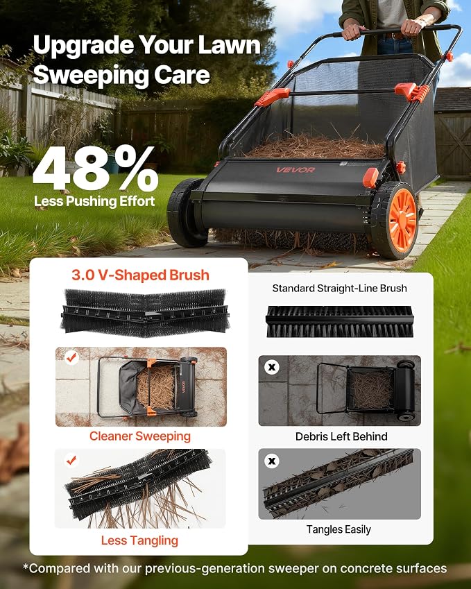 VEVOR Push Lawn Sweeper 30 in Leaf & Grass Collector 12 cu. ft. Hopper Bag