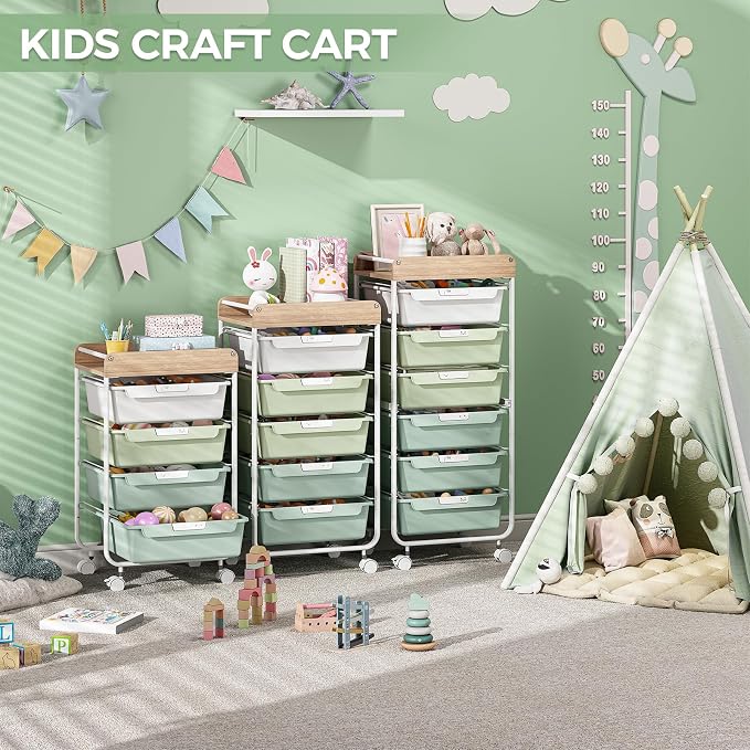 SYKIARIOL 6 Drawer Rolling Cart for Craft Storage,Utility Drawer Cart,Green | Organizer with Handle and Wooden Top,Storage on wheels for Office,Classroom,Laundry,Garage,Snack,Art Supply