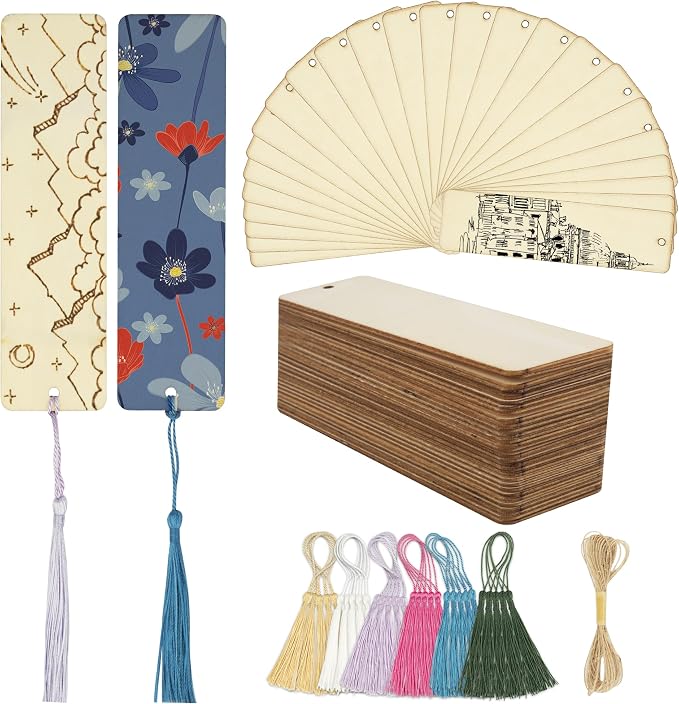 SWATOM Wood Bookmarks Blank DIY Wooden Bookmark Craft Bulk 30 PCS Unfinished Wood Tags Rectangle Shape Ornaments with Holes and Tassels for Wedding Party Birthday Decoration