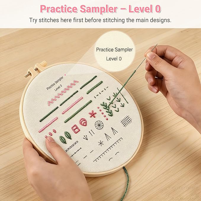 ZenHues Embroidery Kit for Beginners Adults with Level 0 Practice Sampler, 5 Pre-Printed Patterns & Video Tutorials with 7.8" Hoop, Learn 30+ Stitches, DIY Needlework Craft Gift for Women
