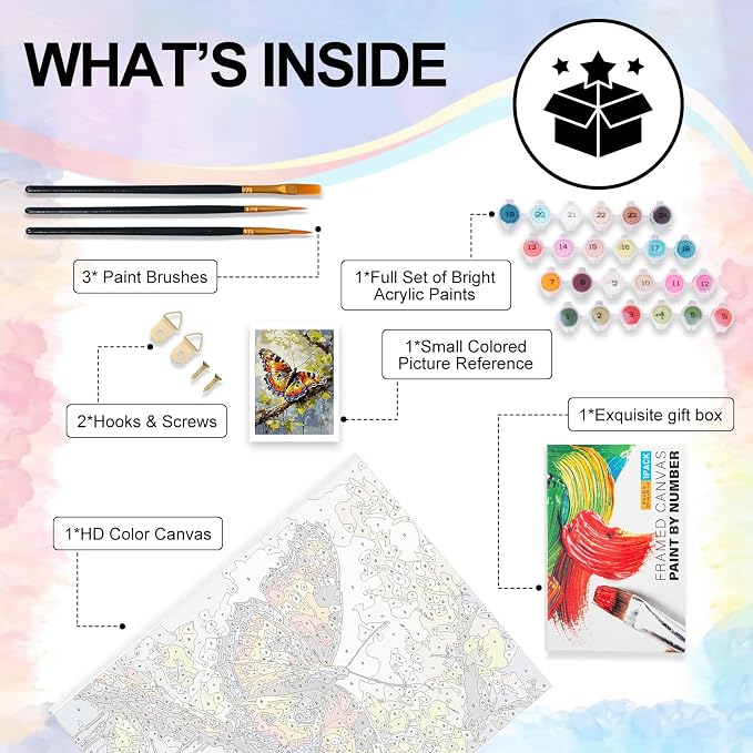 Yezavesu Butterfly Framed Paint by Numbers Kit for Adults Beginner | With Frame Canvas 12x16 Inch, DIY Acrylic Painting by Numbers Butterfly, Stress Relief Craft Kits, Home Wall Decor Gift