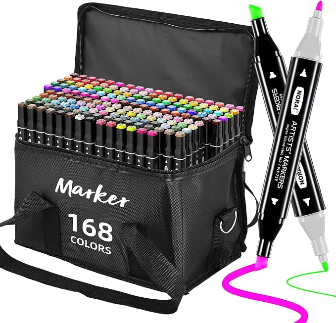 168 Colors Alcohol Markers, Permanent Dual Tip Art Markers with Fine Tip & Chisel Tips for Coloring, Illustrations, Drawing, Sketching Perfect for Adults with Carrying Case