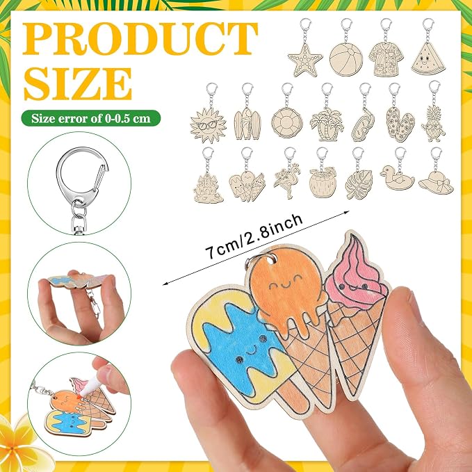 Trnayi 36 Pcs Summer Unfinished Wood Keychains Color Your Own DIY Craft | Summer Wooden Keychains, Color Your Own Unfinished Craft, Beach Fruit Wood Painting DIY Crafts, for Party Art Project Decor