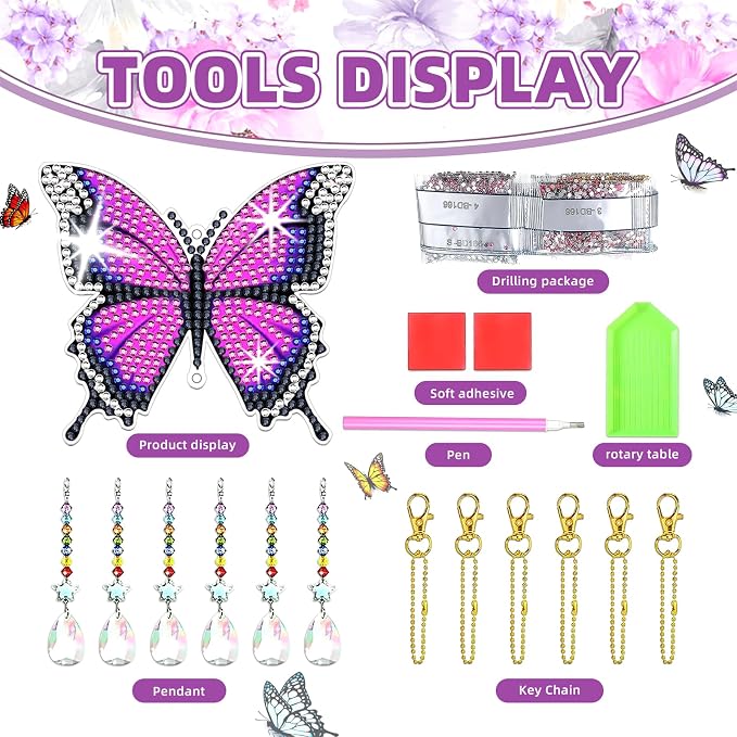 6 Pcs Diamond Painting Butterfly Wind Chimes Kits 5D DIY Crystal Diamonds Painting Suncatcher Christmas Ornament Double Sided Diamond Art Keychains Pendant Best Gifts for Mom