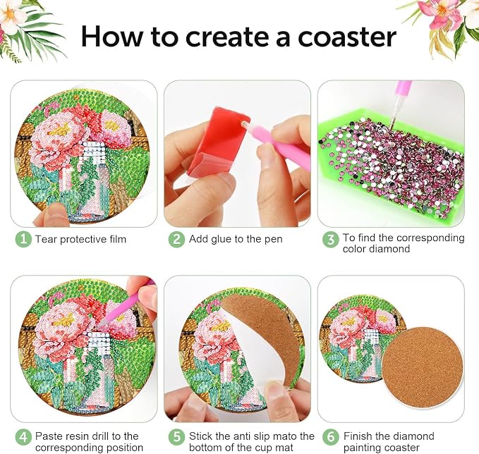 mrpwnle Diamond Art Coasters Kits, 8Pcs Flowers Diamond Painting Coasters