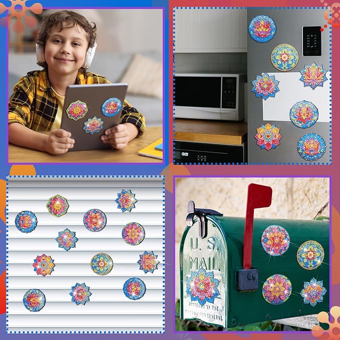 Zonon 12 Pcs Diamond Art Magnets Lotus Mandala Painting Kit Fridge Decor | DIY Diamond Painting Magnetic Stickers, Arts Crafts Kit for Adults, Refrigerator Home Decoration, Colorful Mandala
