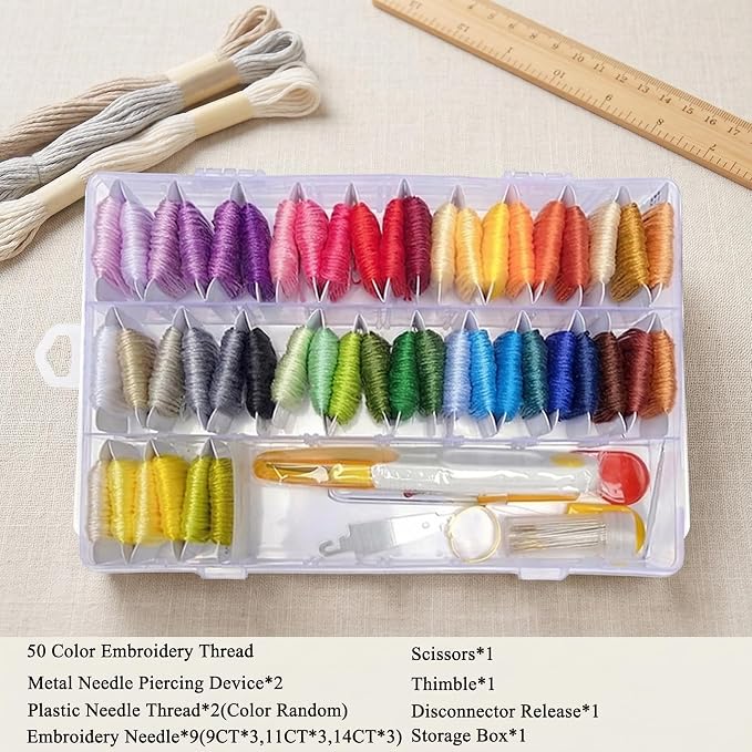 Huacan Embroidery Floss Kit with Storage Box 50 Colors Stitching Threads Sewing Kits 67 Pcs DIY Cross Stitch Accessories Set for Adults Beginner