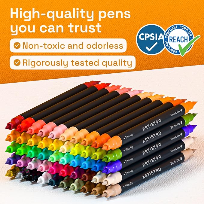 ARTISTRO 50 Acrylic Dual-Tip Glass Marker Pens for Wine Glasses | Brush + Fine Tips Vibrant Dual Tip Paint Pens for Party Charms, DIY, Craft - Art and Craft Supplies for Adults, Teens, Kids