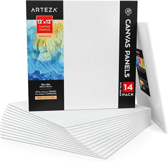 Arteza Canvas Boards for Painting, Pack of 14, 12 x 12 Inches, Square Blank Canvas Panels, 100% Cotton, 12.3 oz Gesso-Primed, Art Supplies for Acrylic Pouring and Oil Painting