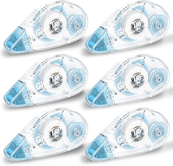 Gecork Double Sided Glue Tape Roller 156 ft Total, 6-Pack, Light Blue | 0.3 in x 26 ft Quick-Dry Tape Runner, Strong Adhesive & Lasting Bond, For Scrapbooks, Journals, Office, School Arts & Crafts