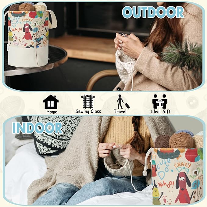 Yarn Bag, Small Crochet Bag Organizer, Drawstring Yarn Storage Knitting Bags, Portable Mini Yarn Holder for Crocheting Project, Store Skein Ball, Needles Accessories (Colorful Dogs, Large)