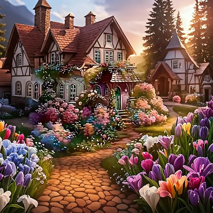 Diamond Art Kits for Adults,House Flower Diamond Painting 13.78x13.78 Inch | 5D DIY Full Round Drill Paint by Diamond,Diamond Painting Dot Gem Art Crafts for Home Wall Decor,Daily Festival Beginners