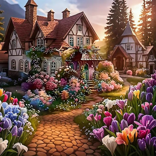 Diamond Art Kits for Adults,House Flower Diamond Painting 13.78x13.78 Inch | 5D DIY Full Round Drill Paint by Diamond,Diamond Painting Dot Gem Art Crafts for Home Wall Decor,Daily Festival Beginners