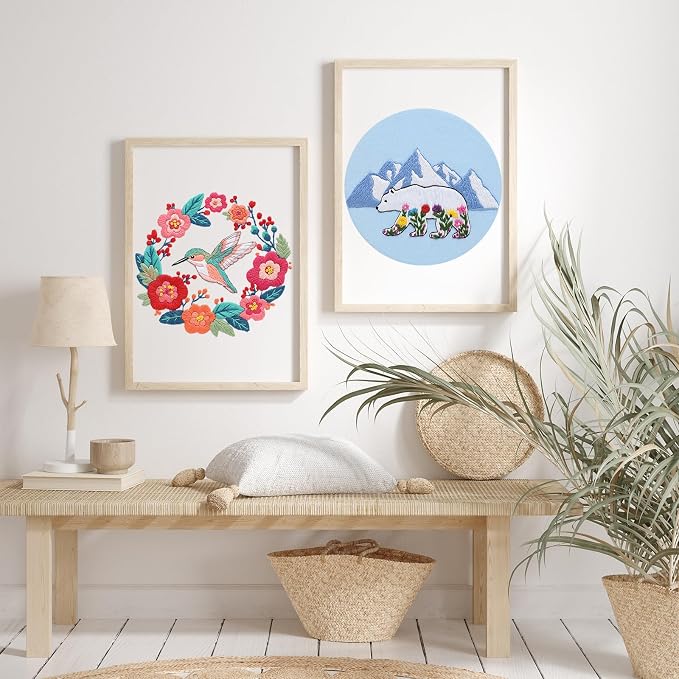 Louise Maelys Glacial Polar Bear and Flowers Embroidery Kit DIY Craft | Pre-Printed Fabric, Hoop, Threads, Needles & Guide for DIY Needlepoint Kit and Cross Stitch Starter Kit for Adults