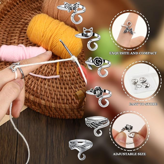DTOFOOT 6Pcs Knitting Crochet Tension Ring for Fingers with Box | Metal Open Crochet Ring, Adjusts for Finger Tension, Speeds Up Braided Knitting Work, Ideal Gifts for Mom Grandma Crocheters