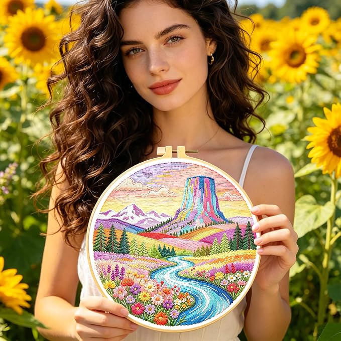 BEUNITONE 4 Set Embroidery Kits for Beginners, Pink Scenery Design with Pre-Stamped Pattern Craft Kits Include Instruction and Hoops, 7.9"x7.9" Needlepoint Kits for Festival Gifts and Home Decor
