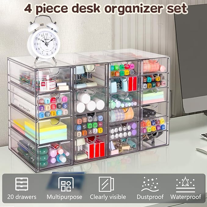 VZKAH Clear Acrylic Desk Organizer with 20 Drawers, 4 Modular Units