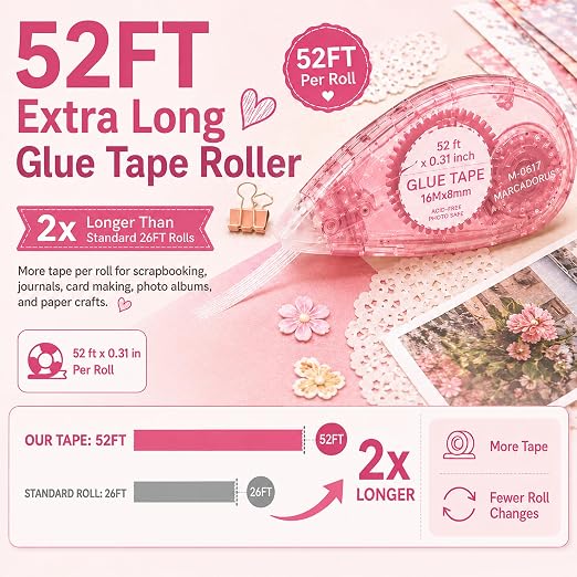 MARCADORUS Glue Tape Roller, Double Sided Tape Scrapbook 4 Pack Extra Long | 52Ft x 0.31In Per Roller, Clean Adhesive for Photos, Scrapbooking, Journaling, Card Making, Paper Crafts & Teacher Supplies