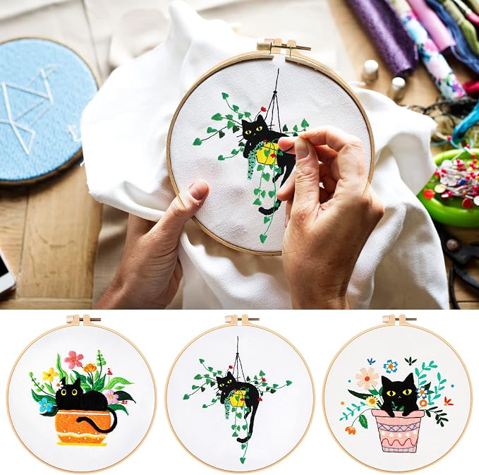 Nuberlic 3 Pack Embroidery Kit for Beginners with Cat Pattern