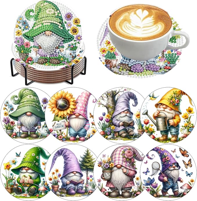 8 Pack Diamond Art Coasters Kits, Gnomes Diamond Painting Coasters Kits