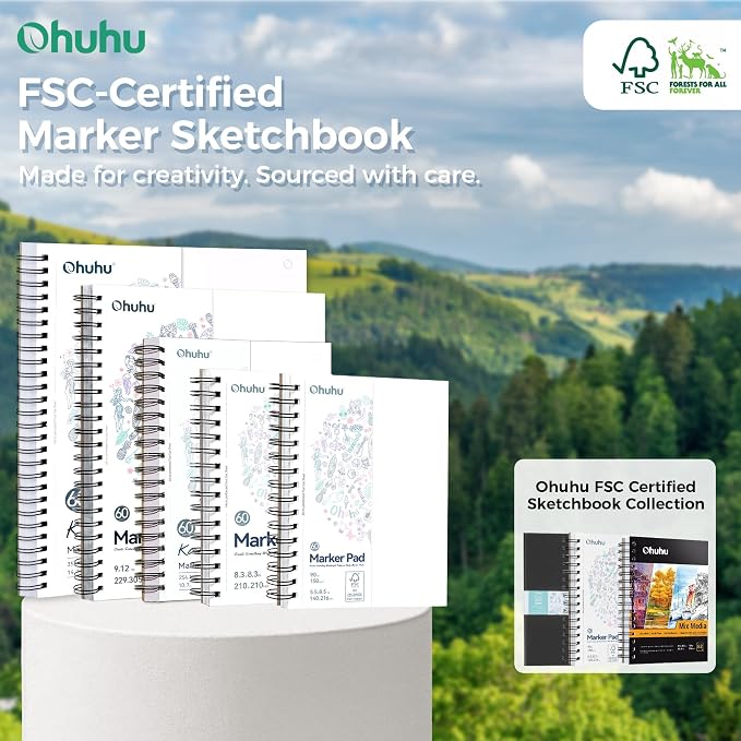 Ohuhu 11"x14" Double-Sided Bleedproof Marker Pad Art Sketchbook 60 Sheets | Large Sketch Book - 90 LB/150 GSM Smooth Drawing Paper - 60 Sheets/120 Pages - Spiral-Bound Sketch Pad for Alcohol Markers