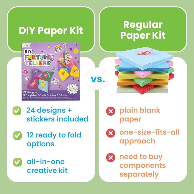 Ooly DIY Origami Fortune Teller Kit, Cootie Catcher, 24 Designs & Stickers | Ages 6+, Includes 12 Completed, 6 Blank, and 6 Coloring Folding Fortune Tellers, Fun Screen-Free Craft Activity Gift for Kids
