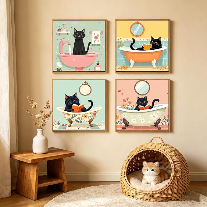 Canrichshop 4P Bathing Cat Paint by Numbers for Beginner with Frame,Black Cat Adult Painting by Numbers Kits on Canvas, DIY Oil Painting for Decor 8X 8 inch